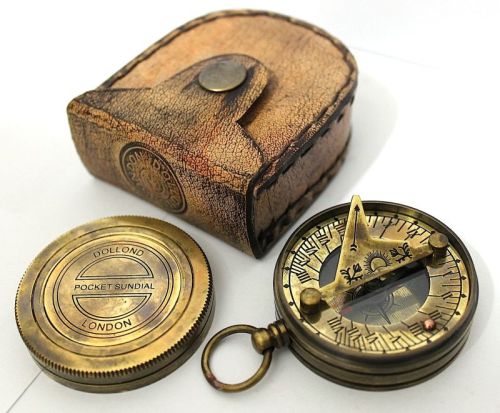 Solid Brass Pocket Sundial Compass With Leather Case
