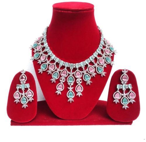 Multicolor American Diamond Necklace Set, Packaging Type : Plastic Box