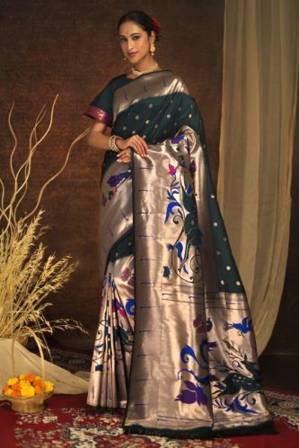 AF281 Ladies Green Zari Woven Banarasi Silk Paithani Saree With Blouse