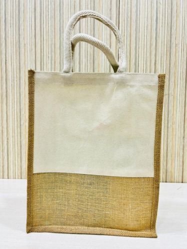 Jute Tote Shopping Bags With Canvas Front and Cotton Handle