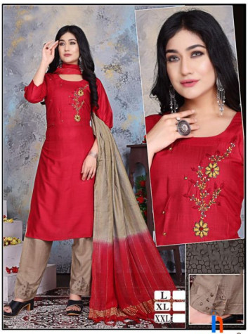 Ladies Red & Brown 3 Piece Kurti Set