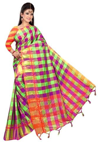 Checked Handloom Cotton Saree, Packaging Type : Poly Bags