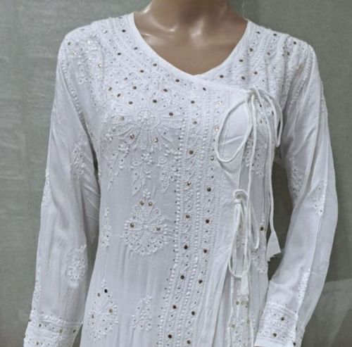 Chikankari White Chanderi Kurti, Sleeve Type : Full Sleeve