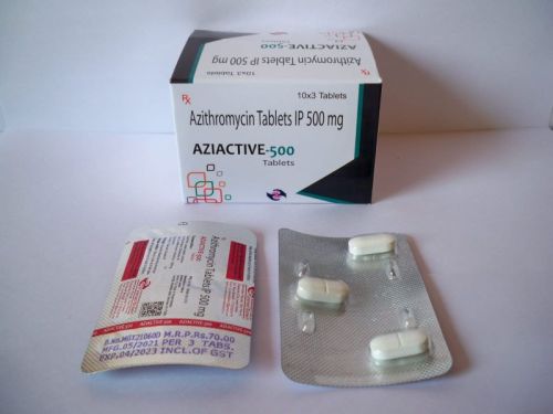 AZIACTIVE-500 Azithromycin 500mg Tablets, Packaging Size : 10X10 STRIPS