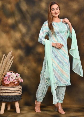 Printed Simple Collar Pure Silk Punjabi Ladies Afghani Set, Sleeve Style : Full Sleeves