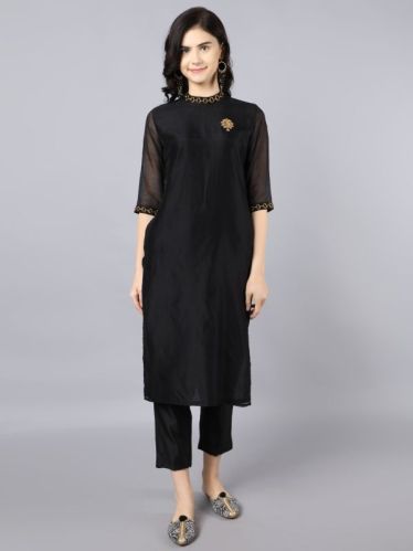 Chanderi Kurta With Dabka Embroidery At Neck and Sleeves .
