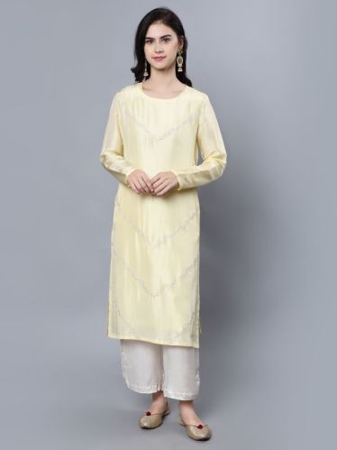 Ladies Cupro Silk Kurta Set, Neck Style : Round