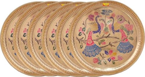 Polished Brass Peacock Pooja Thali, Shape : Round