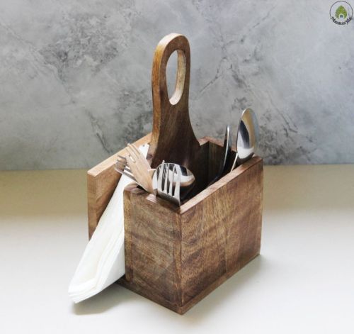 Monsterahut Wood Cutlery Cum Tissue Holder, Design : Plain