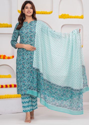 Floral Cotton Hand Block Printed Suit With Palazzo Daily Wear