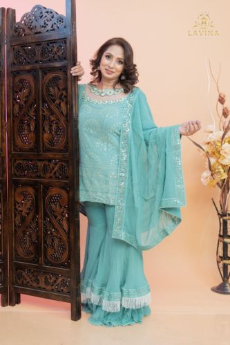 Embroidered Chikankari Sharara Set, Color : Light Blue