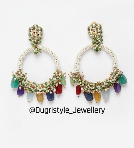 DUGRISTYLE Gold Plated Kundan Plain Teal Chand Bala Earring, Gender : Women