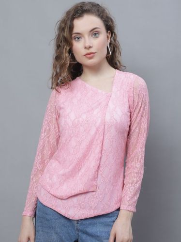 Elune Round Neck Ladies Fancy Net Top, Color : Pink