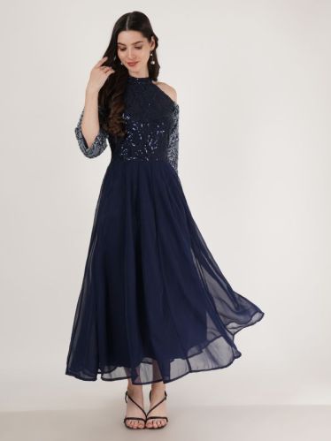Ladies Royal Blue Georgette Gown, Technics : Embroidered