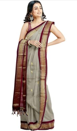Grey & Maroon Cotton Silk Saree, Packaging Type : Corrugated Box