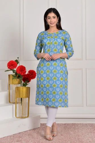 Plain / Printed Cotton Round Neck Kurti, Sleeve Type : Half Sleeves, Full Sleeves