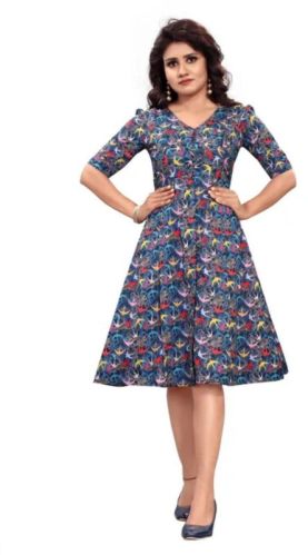 Printed Polyester Ladies A Line Dress, Color : Multicolor