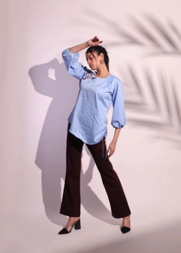 Flower Embroidered Shoulder Patch Top, Gender : Female