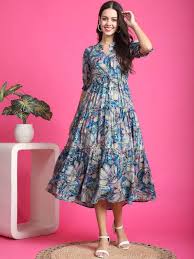 Silk Printed Western Dresses For Women, Sleeve Type : Short Sleeves