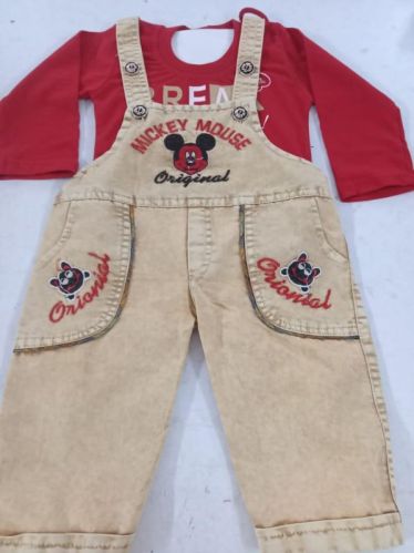 Kids Cotton Yellow Dungaree Red T Shirt Set