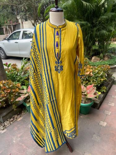 Yellow Hand Block Printed Chanderi Silk Suit