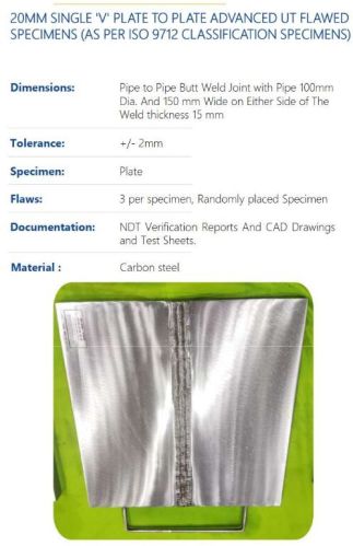 20MM SINGLE V PLATE TO PLATE ADVANCED UT FLAWED SPECIMENS (AS PER ISO 9712 CLASSIFICATION SPECIMENS)