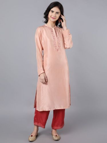 100% Cupro Silk Kurta With Embroidery Around Placket Paired With Modal Satin Farshi