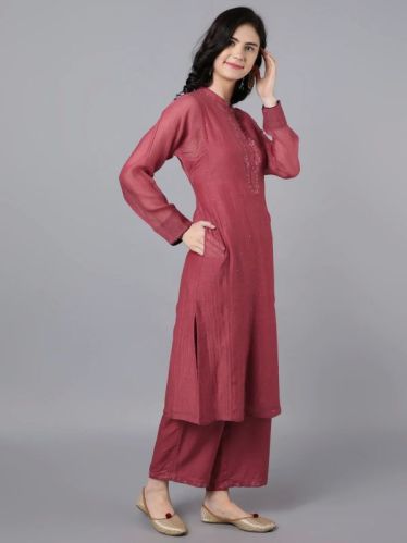 Ladies Brick Red Chanderi Silk Kurta With Farshi Pant