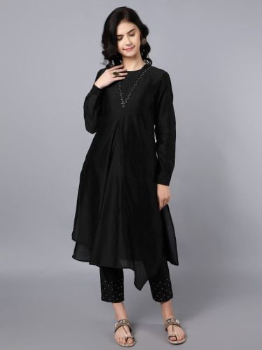 Chanderi Asymetric Kurta Black With Hand Embroidery On Neck