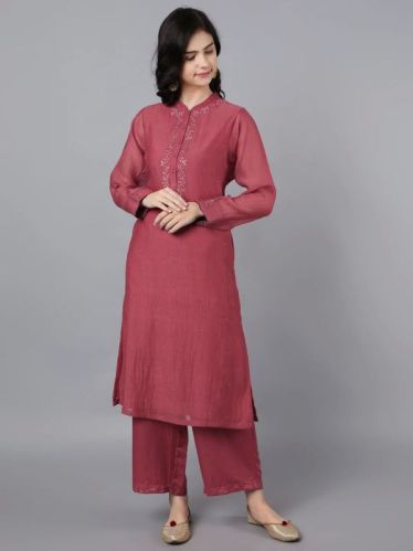 Ladies Brick Red Chanderi Silk Kurta