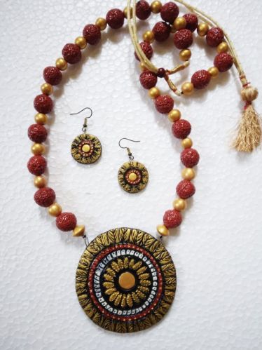 Hand Made Terracotta Black And Golden Necklace Set