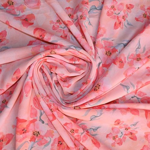 Peach Floral Printed Georgette Fabric, Width : 44 Inches