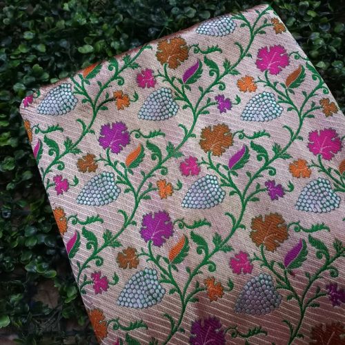 Silver Color Jamawar Weave Silk Fabric