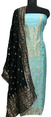Banarsi Blue Suit With Contrast Banarsi Dupatta