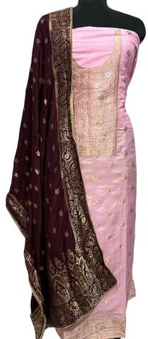 Banarsi Pink Suit With Contrast Banarsi Dupatta