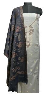 Elegant Grey Kani Winter Suit With Matching Digital Print Shawl