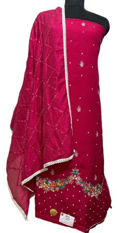 Elegant Hot Pink Muslin Suit With Exquisite Embroidery