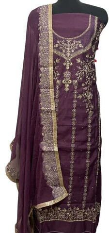 Elegant Purple Cambric Cotton Party Wear Suit With Intricate Embroidery
