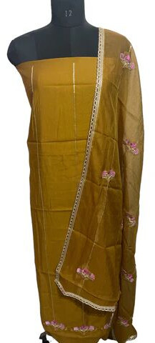 Embroidered Suit In Mustard With Kota Doria Dupatta