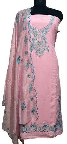 Exquisite Light Pink Muslin Suit With Intricate Embroidery