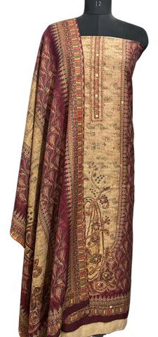 Exquisite Maroon Aari Work Woolen Suit With Matching Shawl