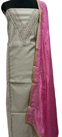 Grey & Pink Cotton Suit With Embroidered Dupatta