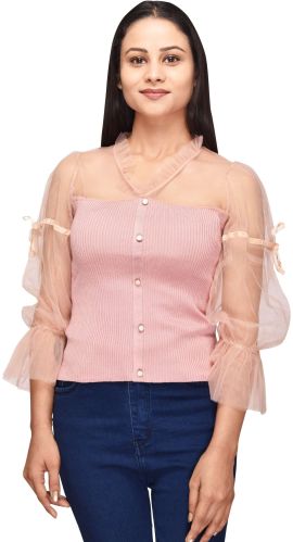 Pink Net Sleeves Shirt Top For Women