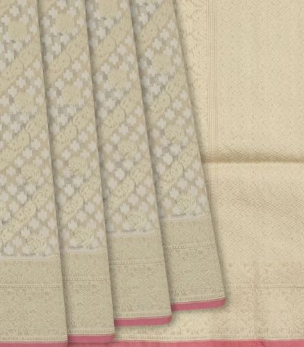 Beige Handloom Banarasi Cotton Saree With Diagonal Vine Motifs-beige