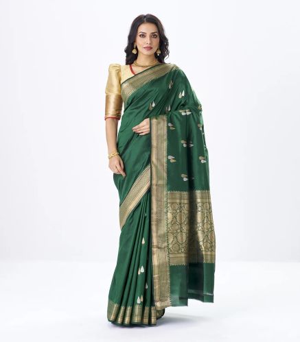 Dark Green Handloom Banarasi Silk Saree With Gold & Silver Zari Buttas