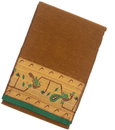 Dark Olive Woven Chettinad Cotton Saree With Paithani Border