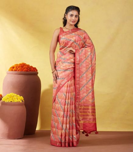 Dark Peach Handloom Tussar Silk Saree Printed With Geometric & Floral Motifs