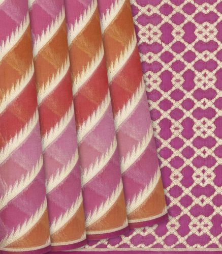 Pink Handwoven Banarasi Rangkat Organza Silk Saree With Diagonal Stripes