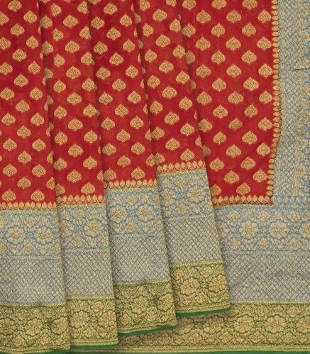 Contrast Green Border Red Banarasi Khadi Georgette Saree