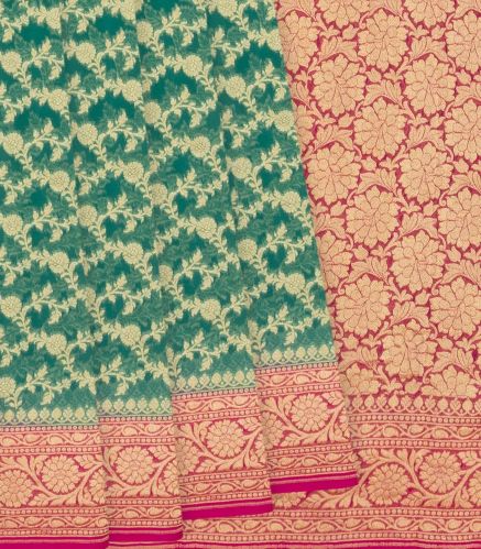 Sea Green Handloom Banarasi Khaddi Georgette Saree With Floral Motifs